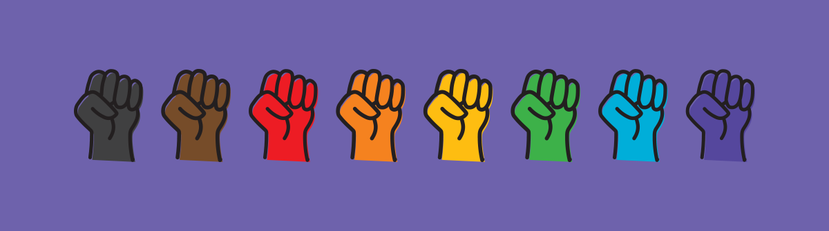 Eight fists set each in a color from the Philadelphia Pride flag