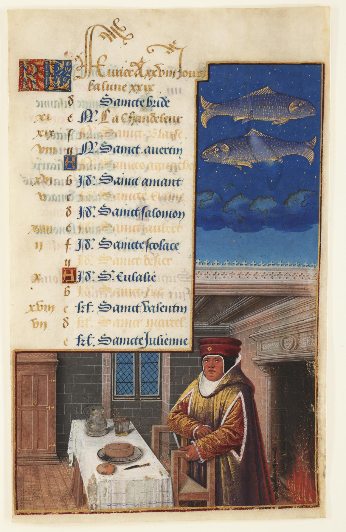 Manuscript leaf with illuminated script and decoration depicting a richly-dressed man by a fire