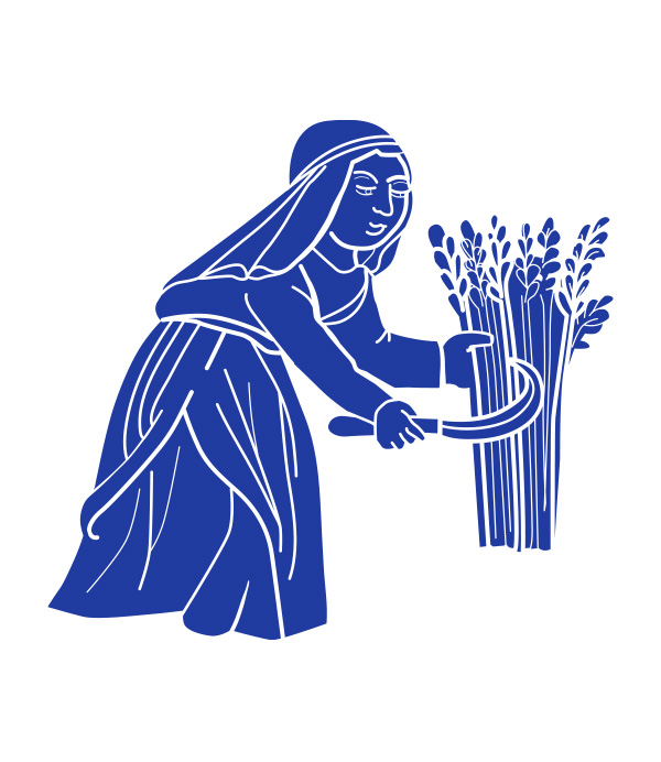 Graphic illustration of an azure medieval figure working in a field