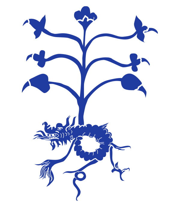 graphic illustration of a blue plant with a creature as its root