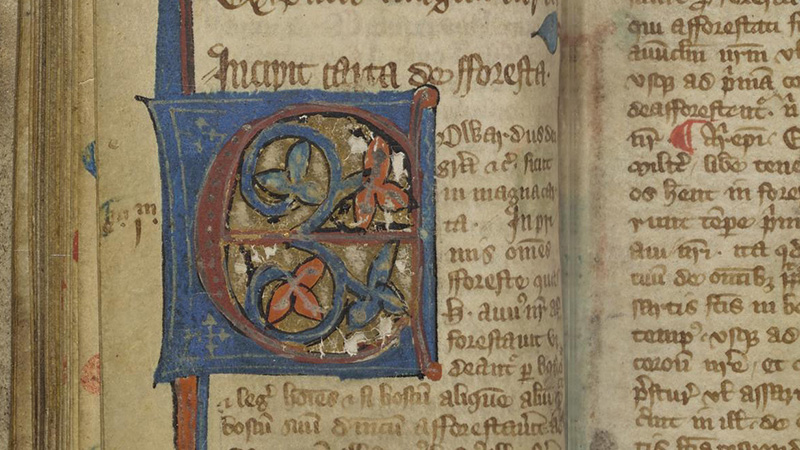 Manuscript page opening close-up of decorated initial C