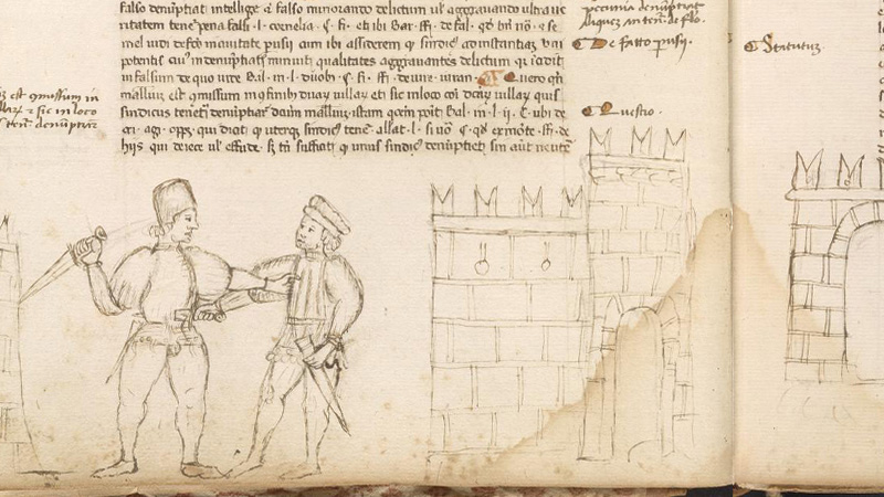 Manuscript opening showing bottom of handwritten page containing a line drawing of two people in a sword fight 