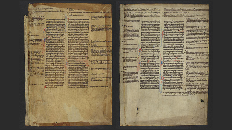 Two manuscript pages side by side with blocks of concentrated handwriting surrounded by random notations