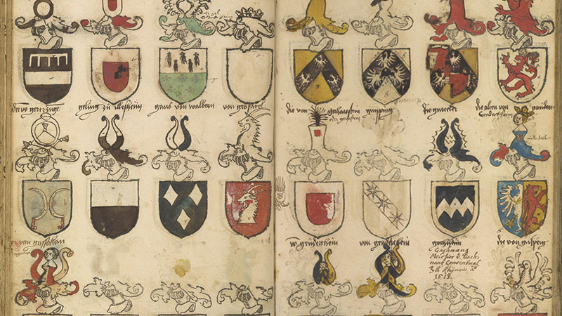 Opening of a manuscript page with drawings of various coats of arms lined up in rows