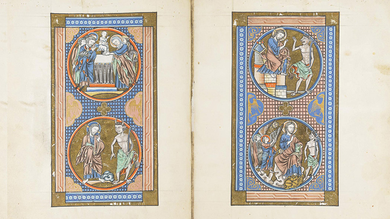 Opening of a manuscript showing two leaves, each with two decorated medallions arranged vertically