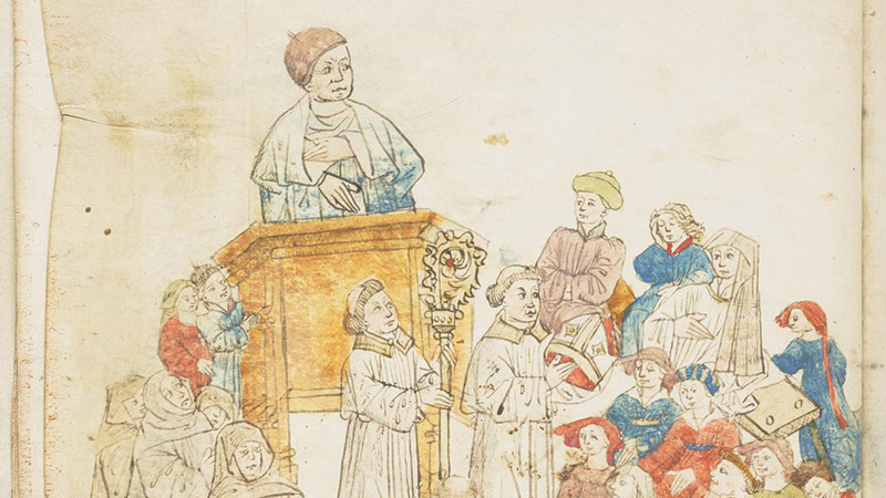 Portion of a manuscript page showing a man at a lectern surrounded by a crowd of people