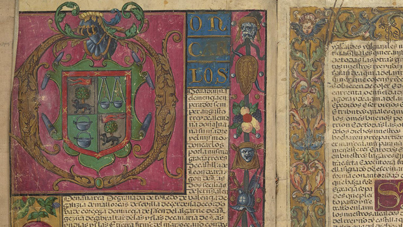 Opening of a legal document with a large coat of arms over miniature script