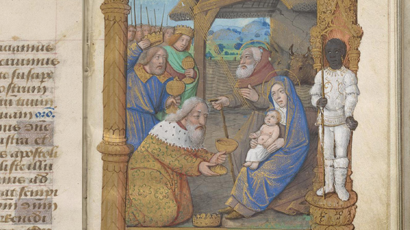 Miniature painting of Mary, the Blessed Mother, holding the infant Jesus with men kneeling and a soldier standing