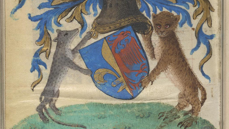 Full page heraldic illustration with coat of arms held by fox and leopard, topped by a dragon perched on a helmet
