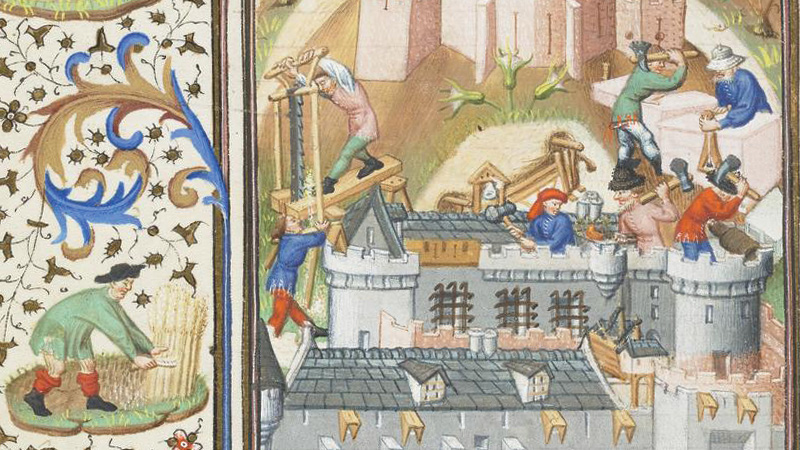 Section of a manuscript page with decorated border showing workers building a castle