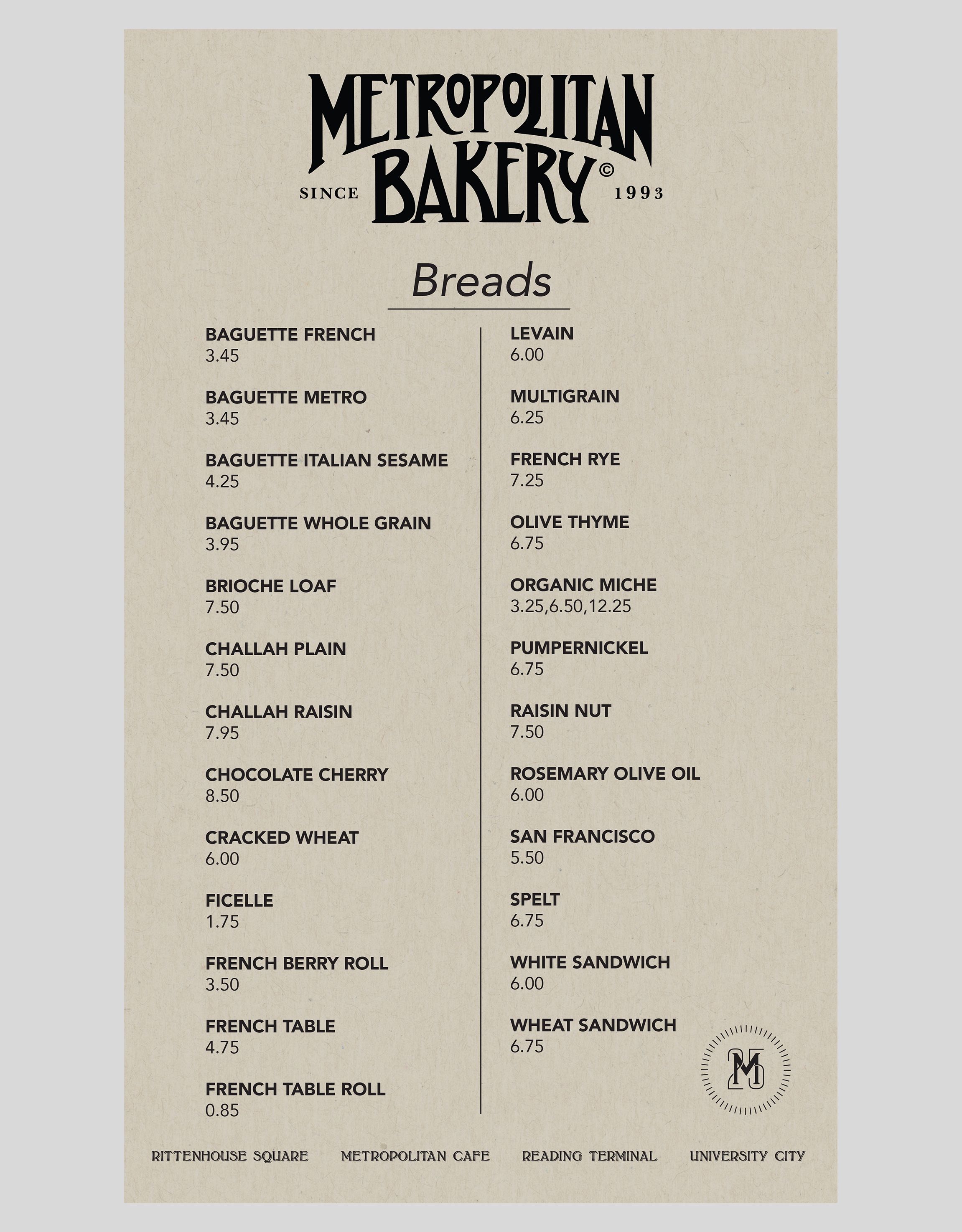 Two-columned list of bread types with pricing