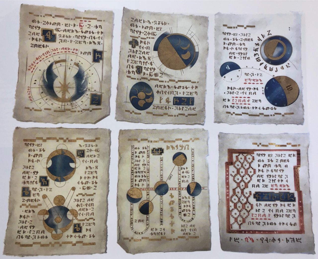 Six leaves of parchment with lettering and various illustrations depicting planets