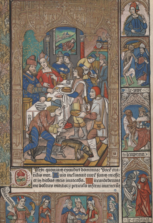 Hours for Rome use. France, Paris, 22 August 1498, printed by Philippe Pigouchet for Simon Vostre (Goff H-394), f. 41r. This image depicts Lazarus begging for food from the rich man, and accompanies the text for Psalm 114, in the Vespers for the Office of the Dead.