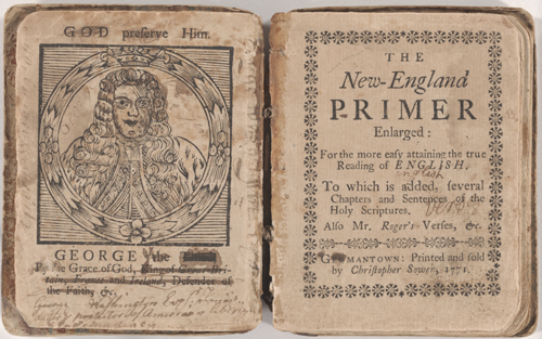 The New England Primer Enlarged, Germantown, PA: 1771. This image shows the frontispiece of the book, featuring a woodcut of King George III of England.  It has been changed to George Washington by the book's owner. RBD ROS 69