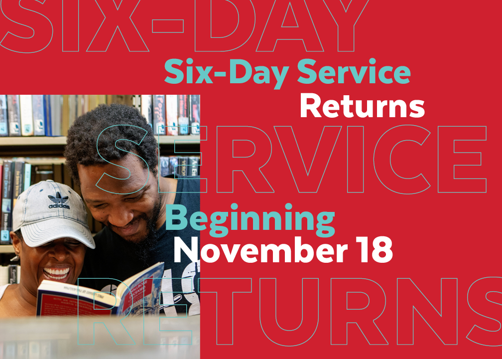 Beginning November 18, 2023, 10 Free Library branches will be open on Saturdays from 10 a.m.–5 p.m.