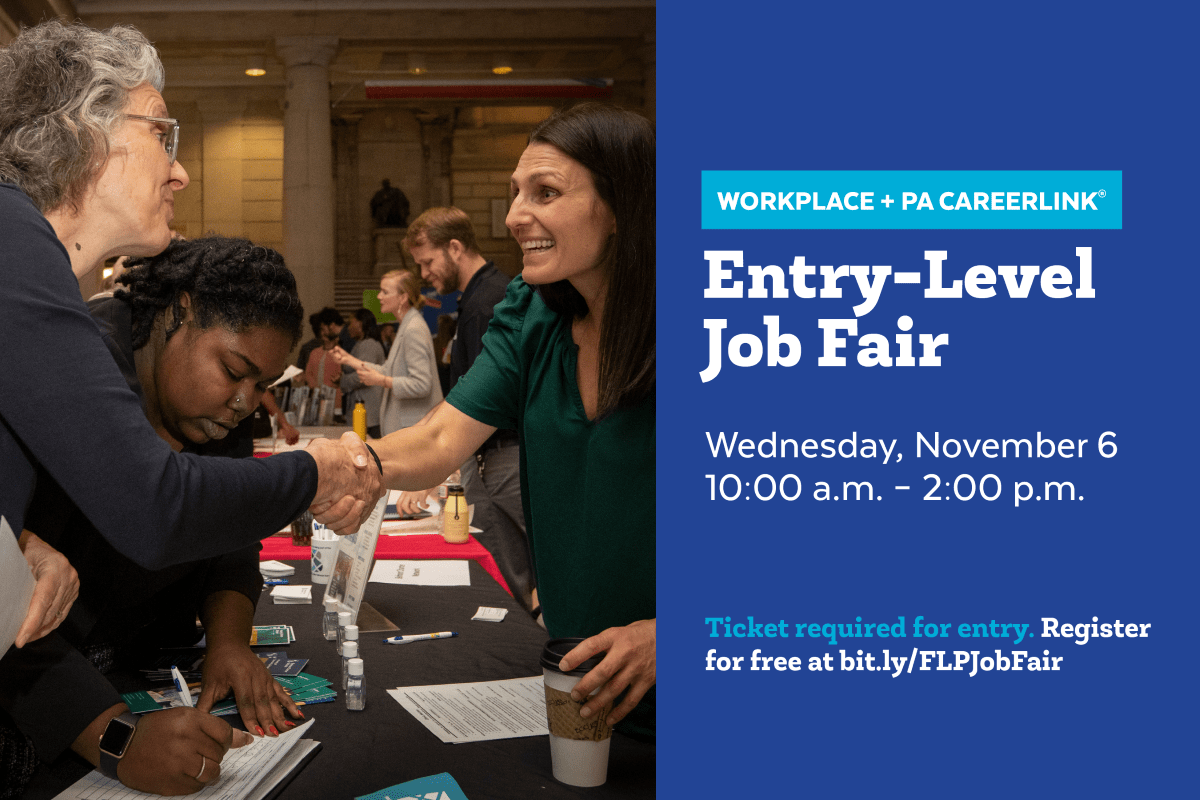 The Free Library Workplace and PA CareerLink Entry-Level Job Fair will be held on Wednesday, November 6 from 10:00 a.m.–2:00 p.m.