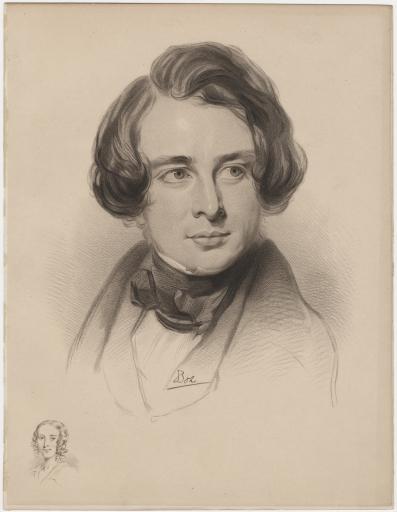 Portrait engraving of Charles Dickens by Edward Stodard, after a drawing by S. Laurence with a small portrait of Fanny Dickens, 1836.