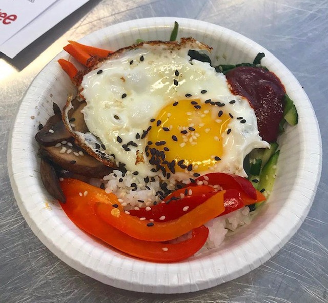 Although there are many variations, bibimbap always includes cooked rice, cooked and seasoned vegetables, and Korean fermented red chili pepper paste (gochujang).  