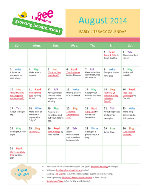 Early Literacy Calendar August 2014