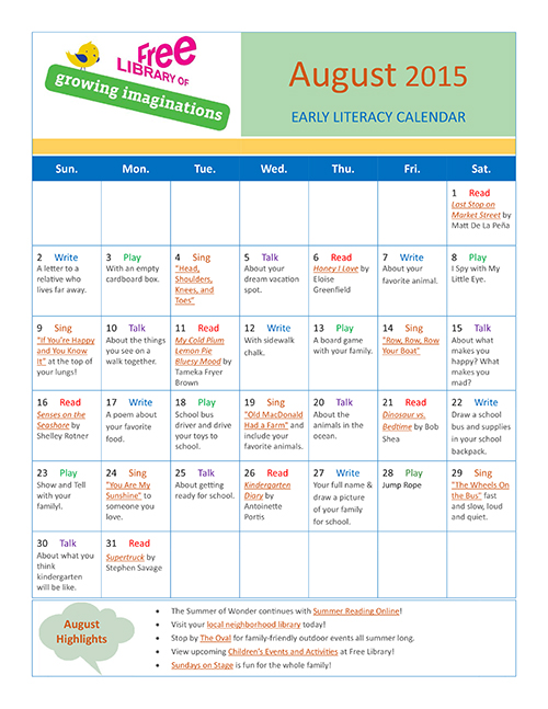 Early Literacy Calendar August 2015