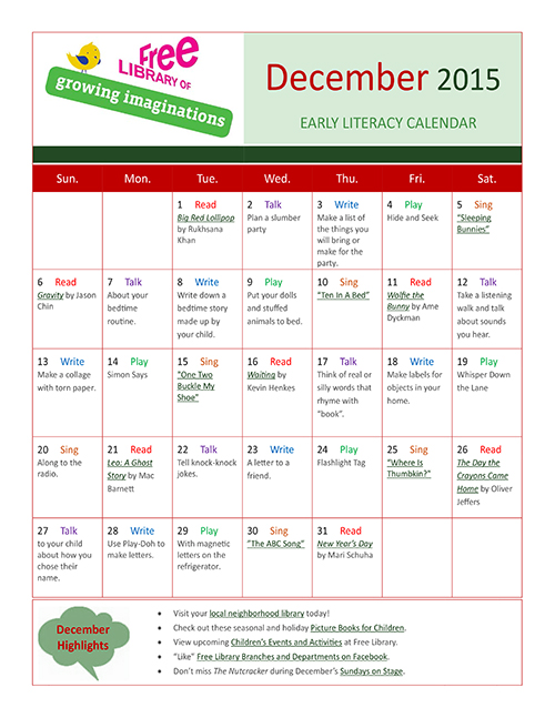 Early Literacy Calendar December 2015