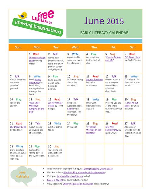 Early Literacy Calendar June 2015
