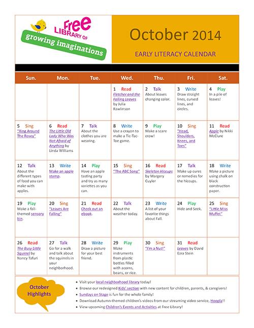 Early Literacy Calendar October 2014