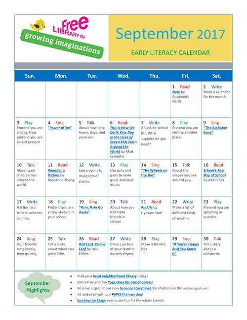 Early Literacy Calendar September 2017