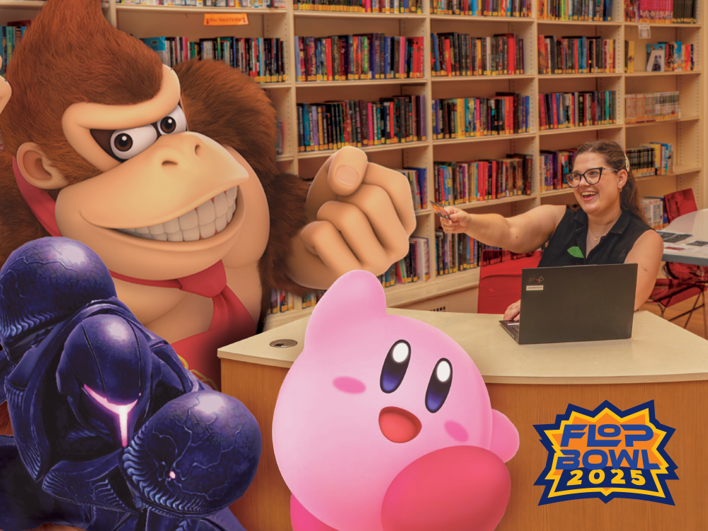 Nintendo video game characters at library checkout desk receiving card from librarian
