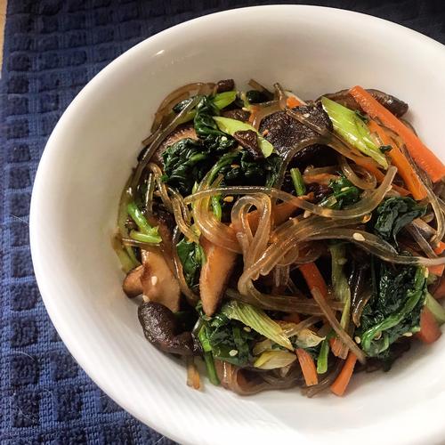 Japchae can be served hot, cool, or room temperature, and is delicious and refreshing on a warm, almost-summer day