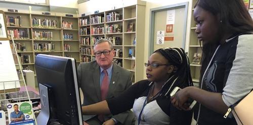 Mayor Kenney being shown Job Readiness Lab resources by Paschalville Library staff (photo credit: Jenny Walker)