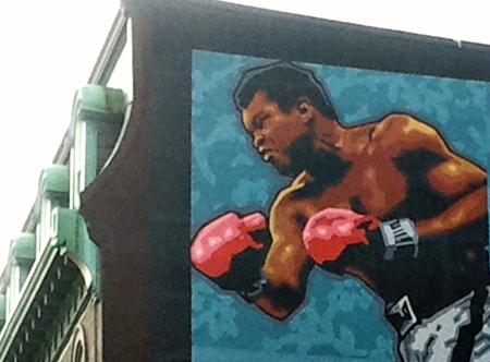 Muhammad Ali portion of the boxing mural at the once Legendary Blue Horizon boxing arena, 1314 North Broad Street.