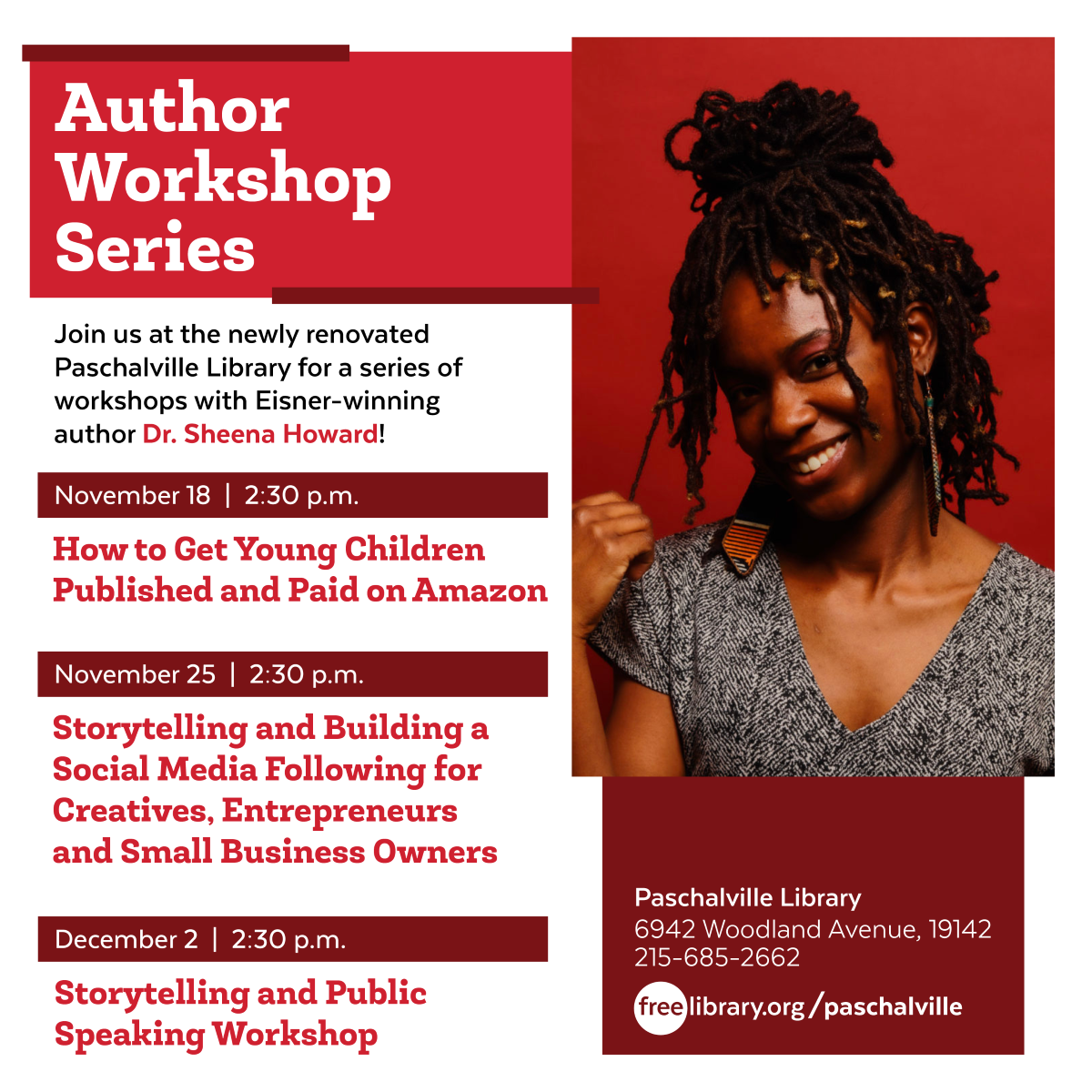 Eisner award-winning author Dr. Sheena Howard is hosting a series of workshops about publishing, storytelling, and public speaking skills at Paschalville Library.