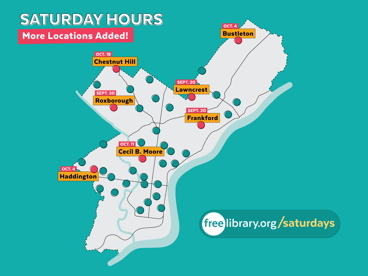 By October 18, 2025, 39 Free Library locations will be open on Saturdays.