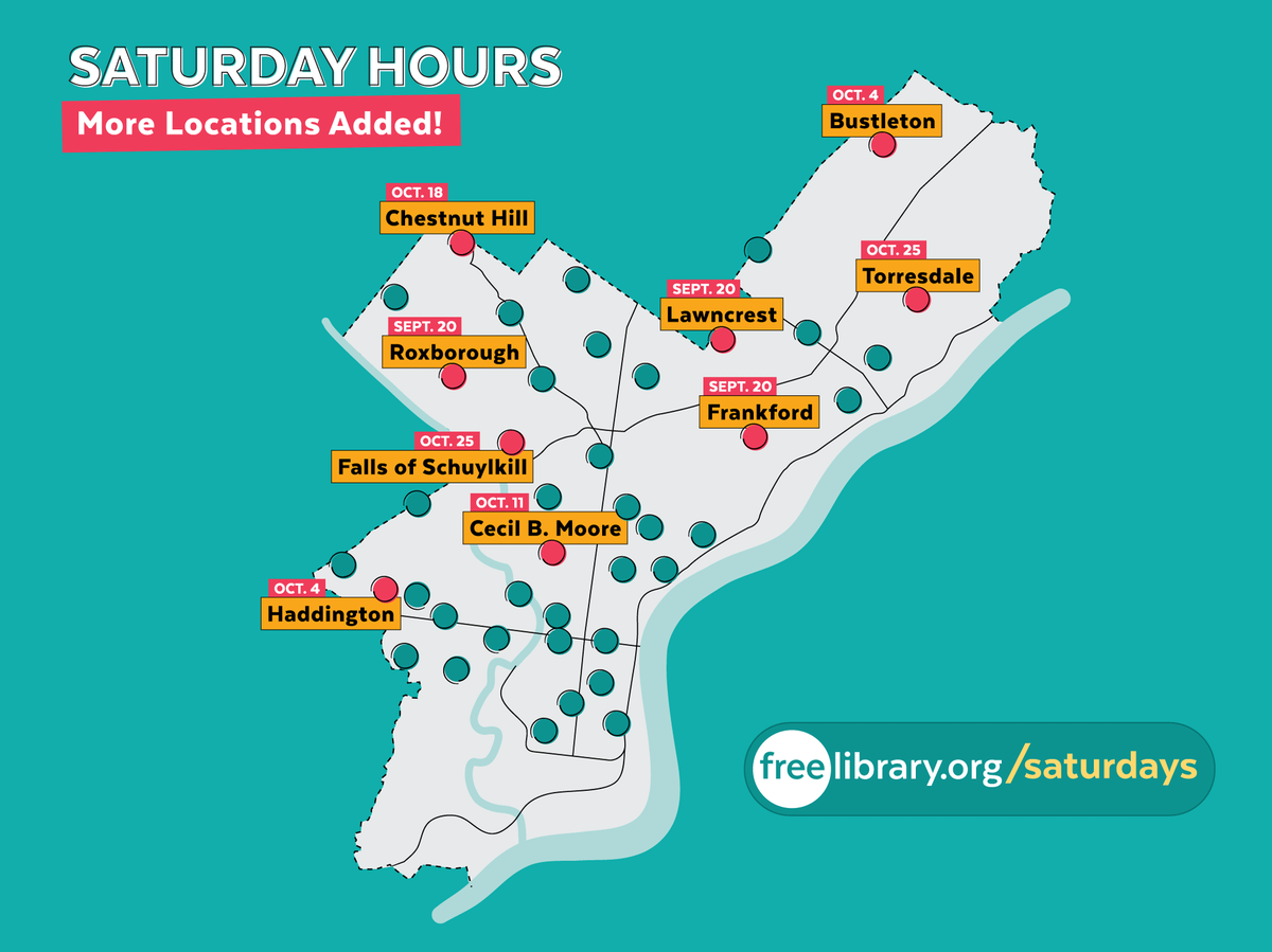 By October 25, 2025, 41 Free Library locations will be open on Saturdays.
