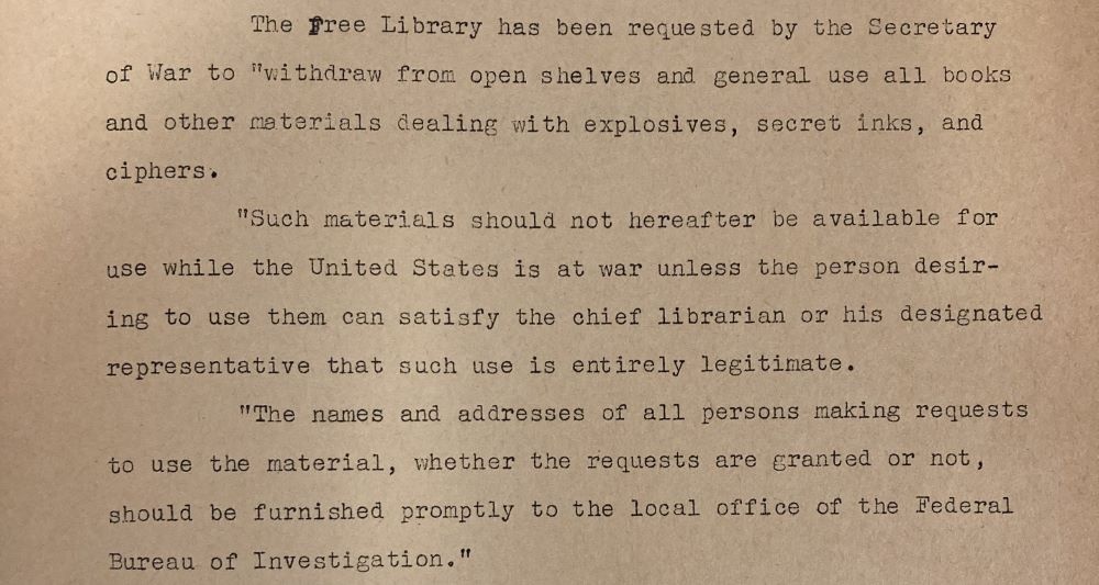 1942 War Department order to restrict certain library materials