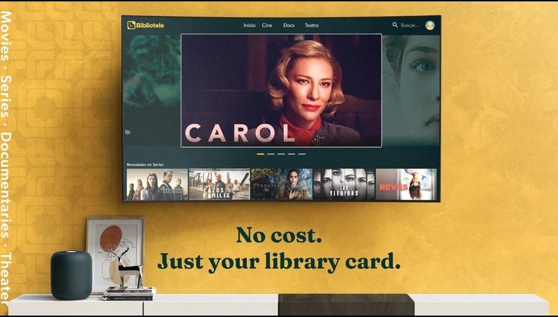 Bibliotele is a free streaming service for Free Library cardholders, offering a curated collection of Spanish-language movies, series, documentaries, and theater productions.