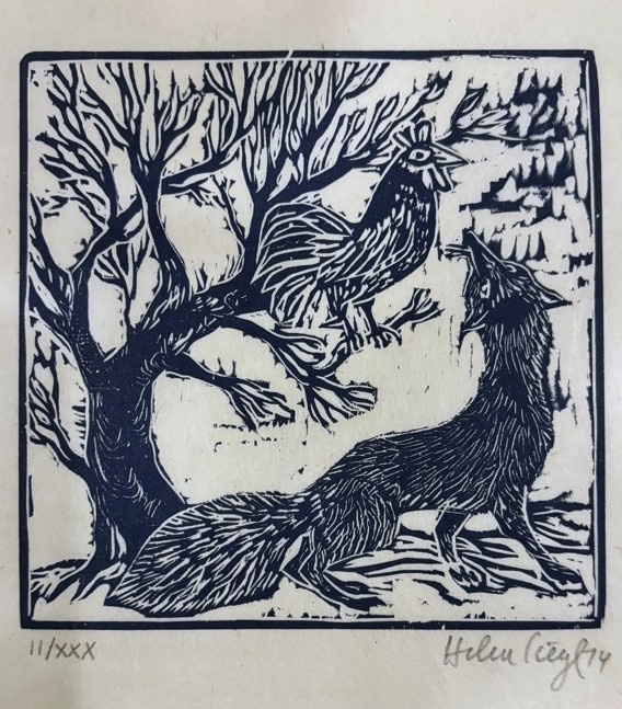 Book art from Tales of Bidpai of wolf and chicken under a tree