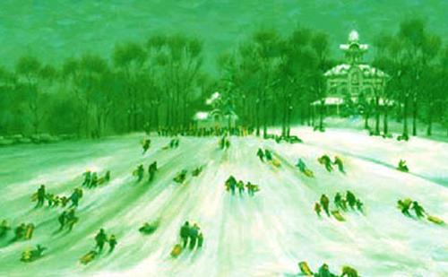 Painting of winter sledding at Burholme Park in Northeast Philadelphia