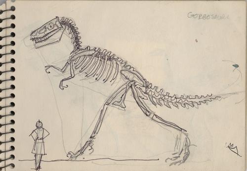 Drawing from Virginia Lee Burton's sketchbook of a dinosaur skeleton at the American Museum of Natural History in New York City