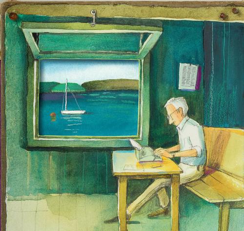 Illustration of E.B. White writing away at his typewriter, from the biography <i>Some Writer: The Story of E. B. White</i>!