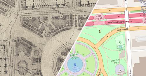 1918 plans for Logan Square and a modern-day map of the site