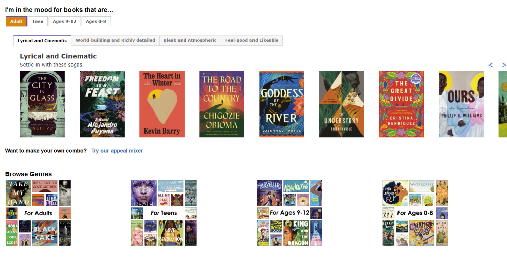 NoveList plus homepage view with featured books and titles by age