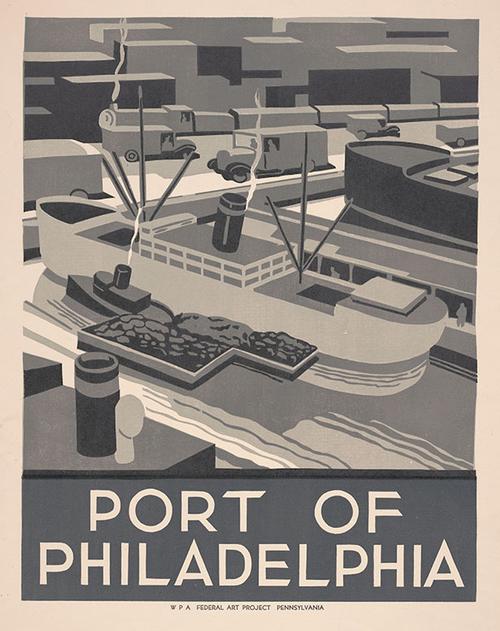 This engaging ca. 1936 poster, created by Robert Muchley for the WPA Federal Art Project Pennsylvania, depicts the Port of Philadelphia in a simplistic style, as a bustling urban port. 