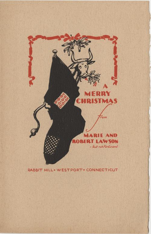 Ferdinand the Bull was Robert Lawson's most famous creation. In this Christmas card by Lawson, he peeks shyly out of a stocking.