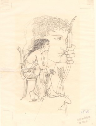 graphic pencil image depicts Cupid with a bow and Psyche sitting in a chai