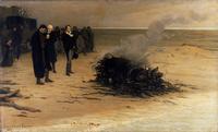 Louis Édouard Fournier, The Cremation of Percy Bysshe Shelley, oil on canvas, Liverpool, Walker Art Gallery. In this reimagining, Mary Shelley is depicted kneeling at the far left, Trelawney and Hunt stand together, and Byron gazes off into the distance.