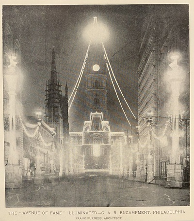 Philadelphia City Hall, 1899, illuminated for the G.A.R. Encampment. Print and Picture Collection, Free Library of Philadelphia.