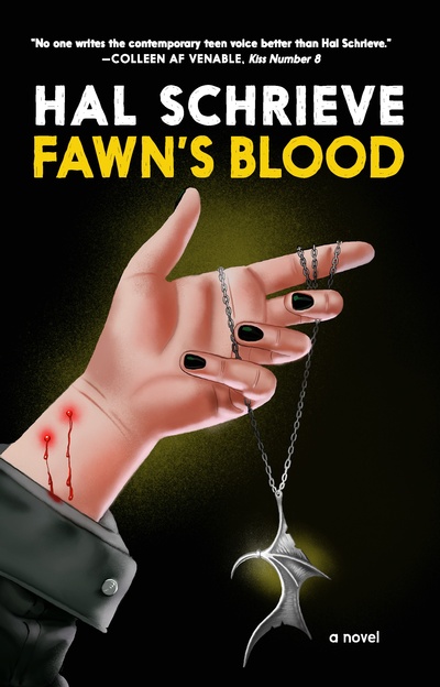 book cover for Fawn's Blood by Hal Schrieve, featuring wrists with bite marks and hand holding batwing necklace