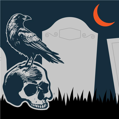 raven on skull next to gravestone
